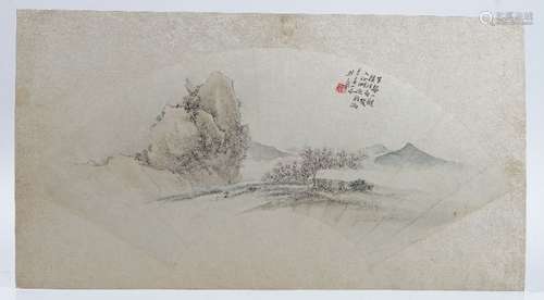 Four Chinese fan paintings, Qing dynasty, ink and watercolour on paper laid onto card,