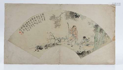 A Chinese fan painting, Qing dynasty, watercolour on paper,