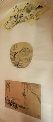 A Chinese hanging scroll of three paintings, Qing Dynasty, comprising; a fan painting,