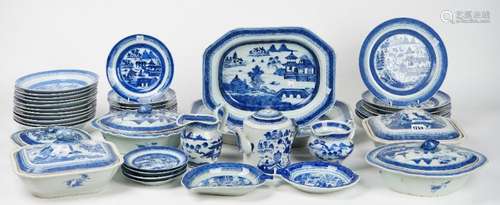 A large composite set of Canton blue and white export porcelain, 19th century,