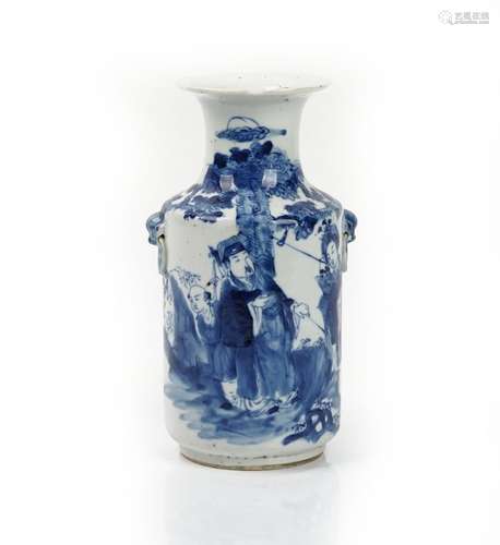 A Chinese blue and white cylindrical vase, early 20th century, set with lion mask and ring handles,