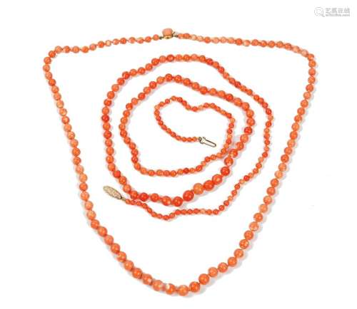 Two coral necklaces, 20th century, each formed of graduated beads, one with clasp detailed 9ct,