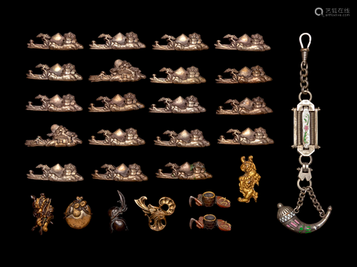 26 Mixed Metal Menuki and A Silver Flask Pendant