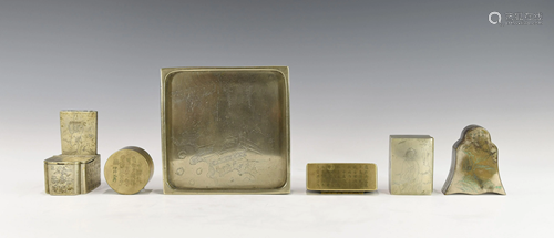 FOUR CHINESE PAKTONG INKBOXES AND AN INKWELL ON A …