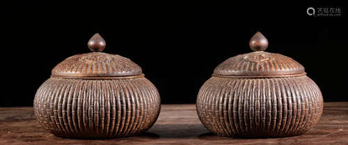 ZITAN WOOD CARVED BAMBOO PATTERN JAR PAIR