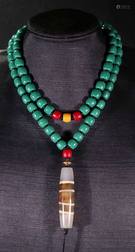 TIBETAN SHERPA GLASS BEAD&DZI STRING NECKLACE