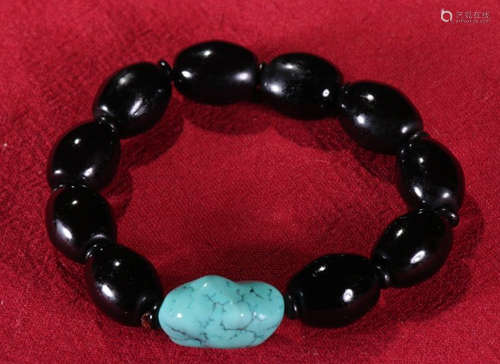 TIBETAN BLACK SHERPA GLASS BEAD&TURQUOISE STRING BRACELET