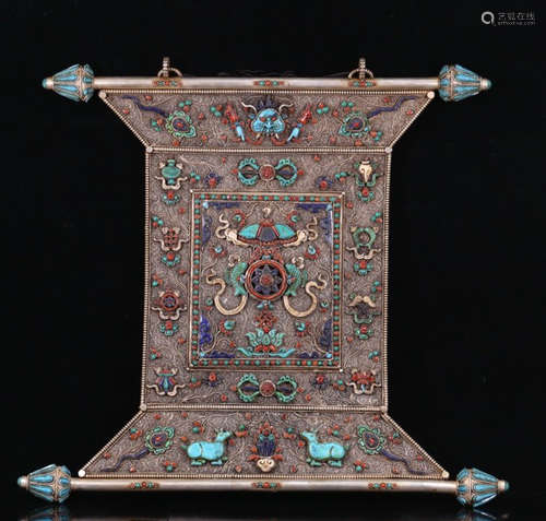 TIBETAN GILT SILVER WITH GEM DECORATED THANGKA