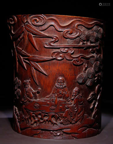 BAMBOO CARVED FIGURE STORY BRUSH POT