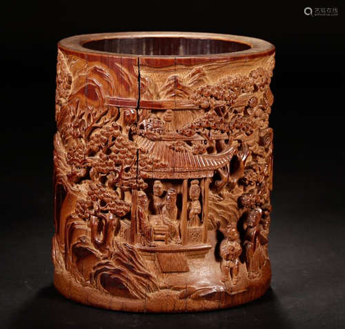 BAMBOO CARVED FIGURE STORY BRUSH POT