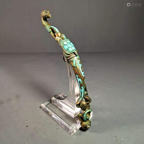 A Turquoise Inlaid Gold and Silver Inlaying Bronze Belt Hook