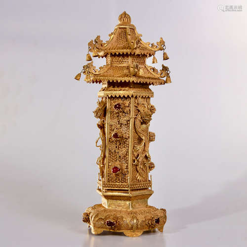 A Gem Inlaid Silver Gilding Ling Long Pagoda Ornament