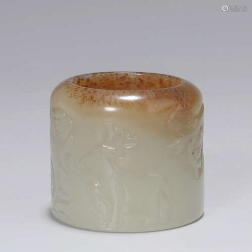 A Crane&Deer Carved Hetian Jade Fingerstall