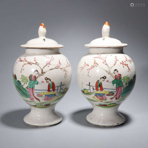 A Pair of Famille Rose Floral Figures Porcelain Lantern-shaped Jars