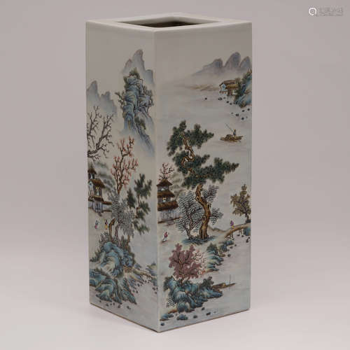 A Famille Rose Landscape Pattern Porcelain Square Vase