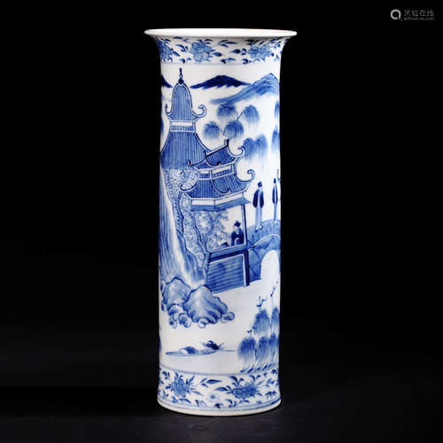 A Blue and White Landscape Figure Porcelain Tube Vase