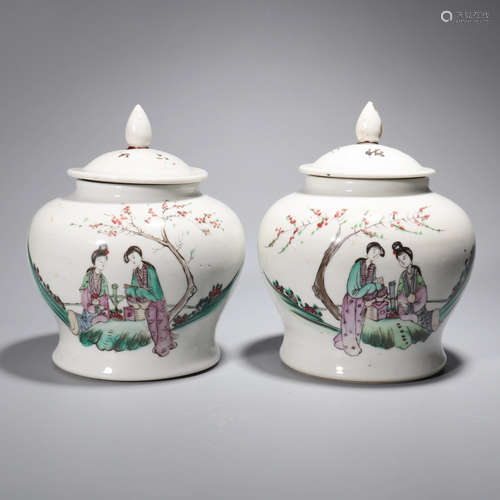 A Pair of Famille Rose Figures Porcelain Lantern-shaped Jars