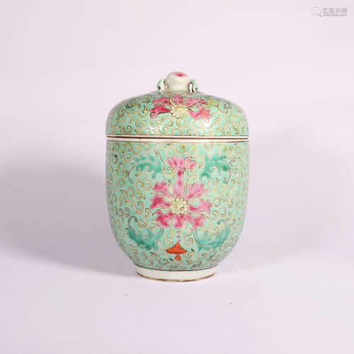 A Turquoise-Ground Floral Porcelain Jar With Cover