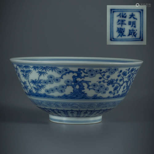 A Blue and White Bamboo&Pine&Plum Blossom Porcelain Bowl