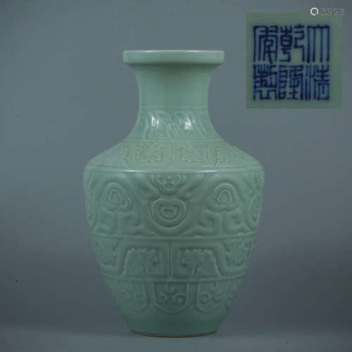 A Pea Green Glaze Floral Carved Porcelain Zun