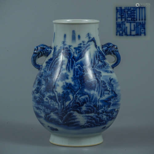 A Blue and White Landscape Pattern Porcelain Double Ears Zun