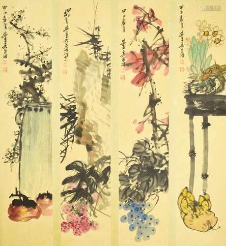 4Pieces Chinese Flowers Painting Screen, Wu Changshuo Mark