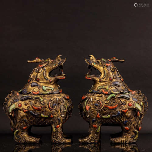 A Pair of Gem Inlaid Gilt-bronze Beast Shaped Censers