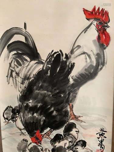 A Chinese Rooster Painting, Huang Zhou Mark