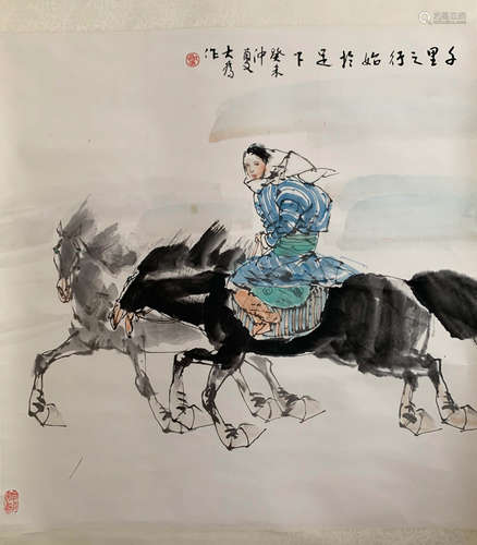 A Chinese Figure&Horse Painting, Liu Dawei Mark