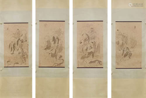 Four Pieces Chinese Eighteen Arhats Painting, Chen Shaomei Mark