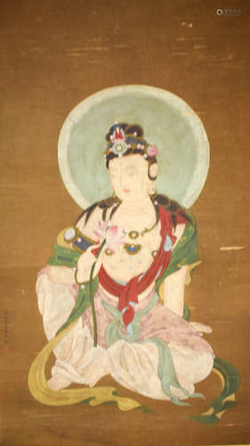 A Chinese Guanyin Painting Silk Scroll, Ding Yunpeng Mark