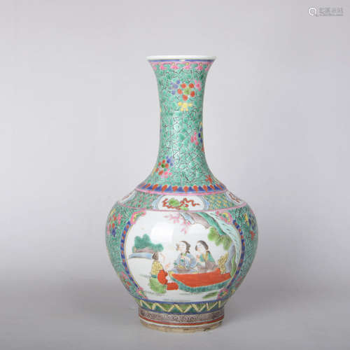 A Turquoise Ground Floral Figures Pattern Porcelain Vase