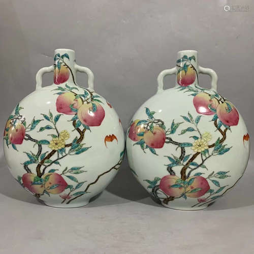 A Pair of Famille Rose Peach Pattern Porcelain Double Ears Vase