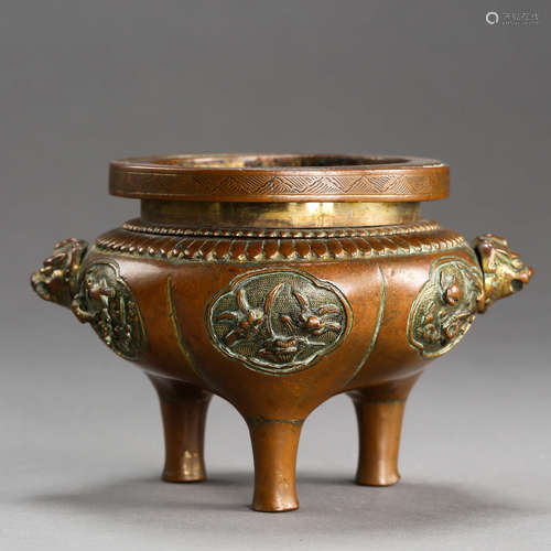 A Double Lion Ears Gilt-bronze Tripod Incense Burner