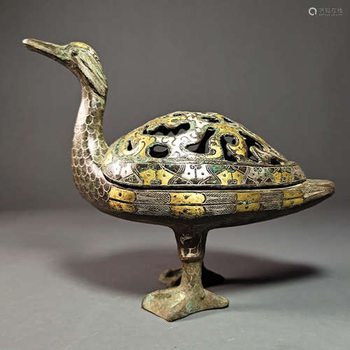 A Gold and Silver Inlaying Bronze Duck Shaped Censer