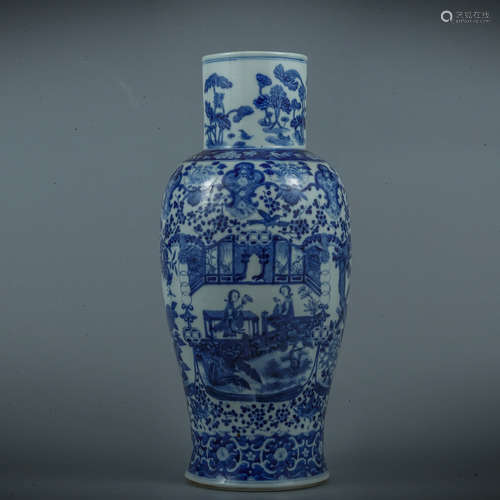 A Blue and White Floral Figures Porcelain Straight Neck Vase