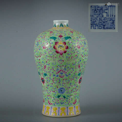 A Green Ground Famille Rose Floral Porcelain Meiping