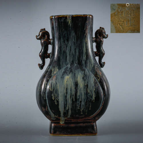 A Flambe-glazed Double Ears Square Porcelain Vase