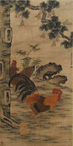 A SCROLL PAINTING OF ROOSTERS