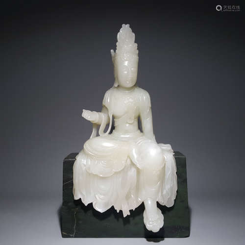 A CHINESE HETIAN JADE FIGURE OF GUANYIN