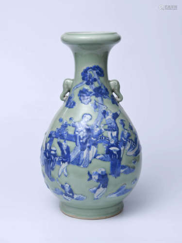 A CHINESE PEA GREEN GLAZED FIGURE PAINTED PORCELAIN VASE