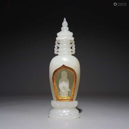 A CHINESE HETIAN JADE WITH SLIVER GILT; PAGODA