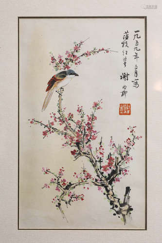 A SCROLL PAINTING OF FLOWERS AND BIRDS, XIE ZHI LIU MARK