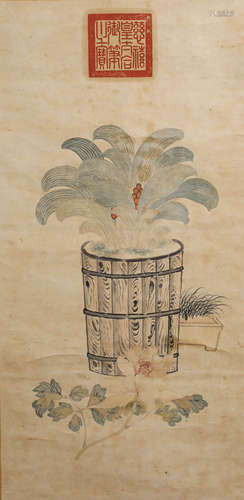 A SCROLL PAINTING OF FLOWERS, CI XI WITH ORIGINAL BOX MARK