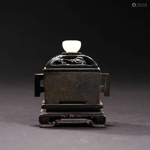 A BRONZE INCENSE BURNER WITH DOUBLE EARS AND STAND