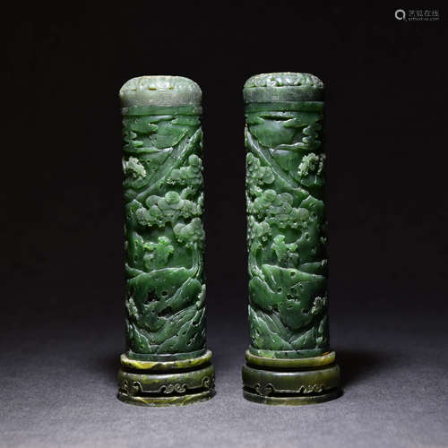 A PAIR OF CHINESE GREEN JADE INCENSED TUBE