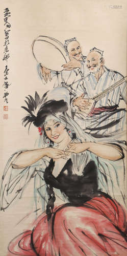 A SCROLL PAINTING OF DANCING, HUANG ZHOU MARK