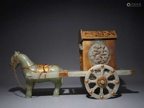 A CHEINESE HETIAN JADE WITH SLIVER GILT; HORSE CARRIAGE