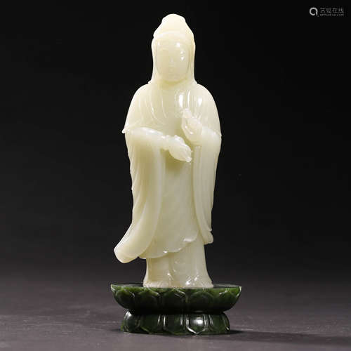 A WHITE JADE GUAN YIN STANDING STATUE