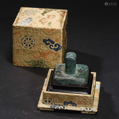 A BRONZE SEAL WITH BOX AND STAND